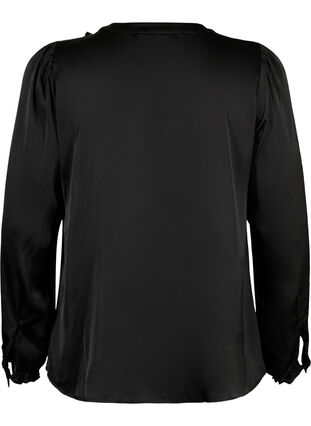 Skjortblus i satäng med volang, Black, Packshot image number 1