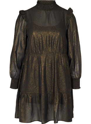 Långärmad klänning med smock och volanger, Black w. Gold, Packshot image number 0