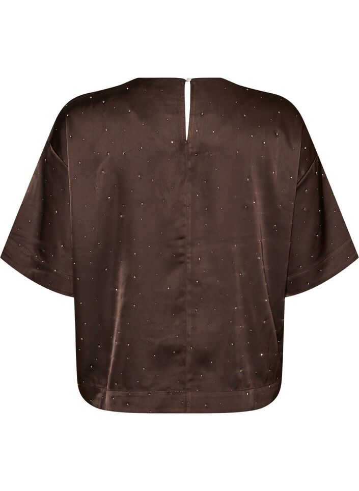 Satinblus med strass och armb&aring;gsl&aring;nga &auml;rmar, Brun, Packshot image number 1