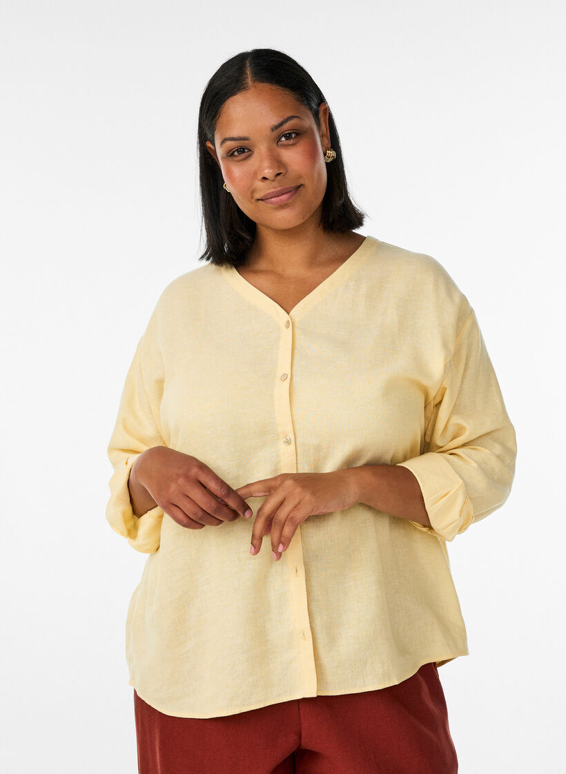 Blus i linne och viskos med v-ringning, Gul, Model image number 0