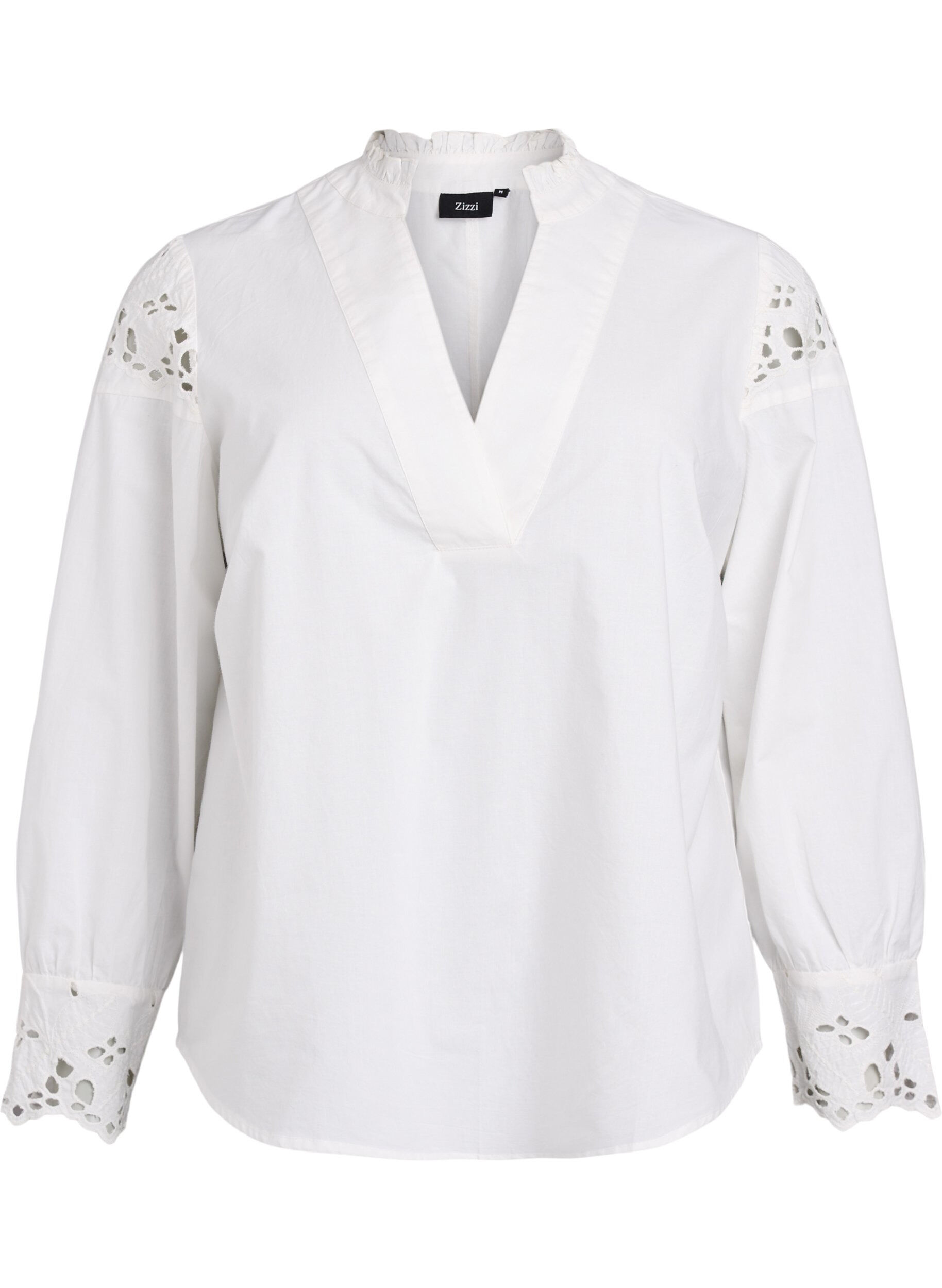 Blus med v-ringning och broderie anglaise-detaljer