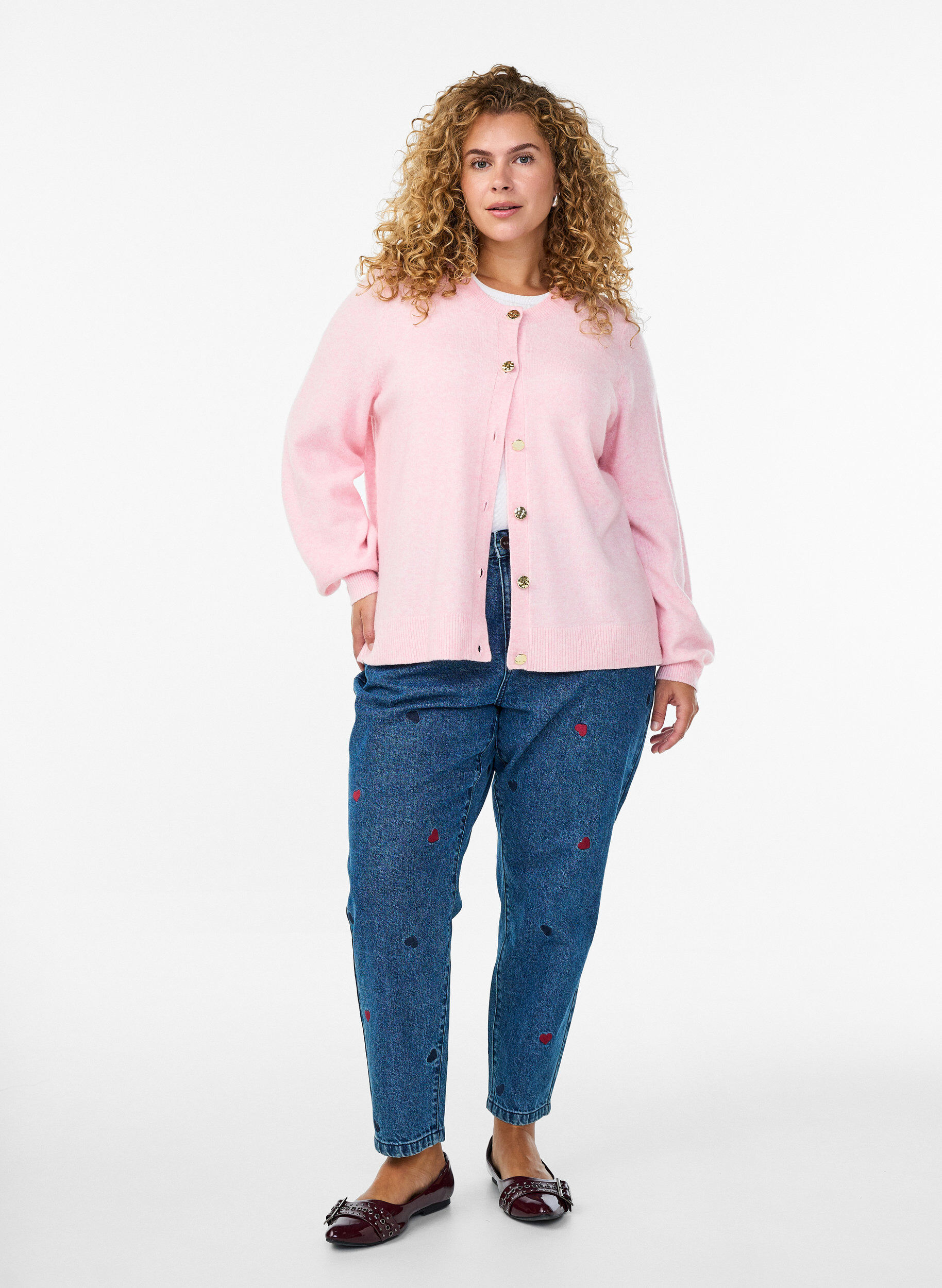 ZizziKofta i mjukt stickat med guldf&auml;rgade knappar, Rosa, Model image number 1