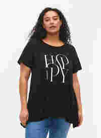 T-shirt i bomull med texttryck, Black HAPPY, Model
