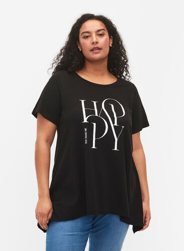 T-shirt i bomull med texttryck, Black HAPPY, Model image number 0