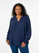 Blus med smockade manschetter och v-ringning, Bl&aring;, Model image number 0