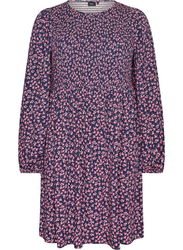 Kl&auml;nning med smock upptill och sm&aring;blommigt m&ouml;nster, Bl&aring;, Packshot image number 0
