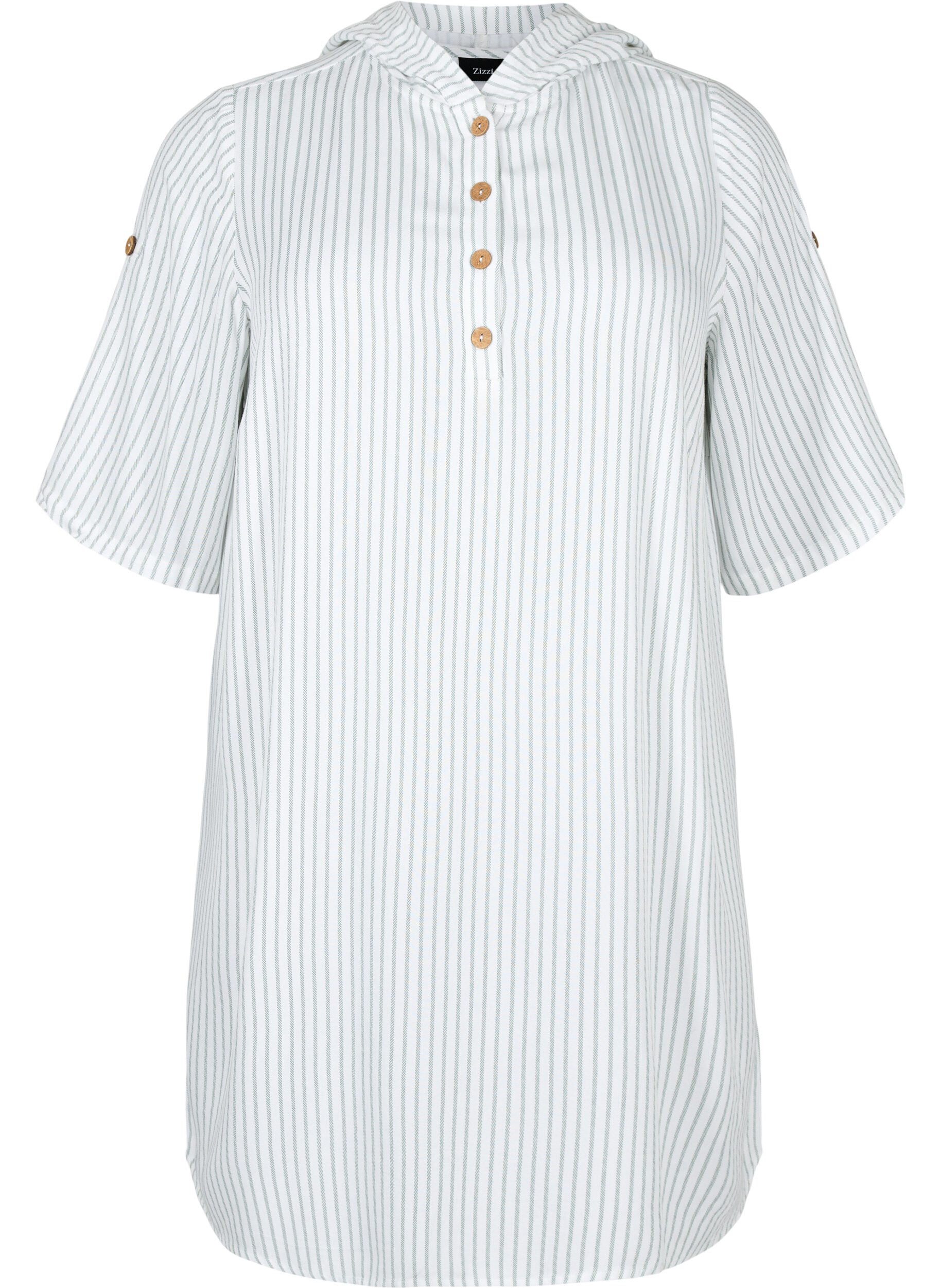 Zizzi Kort&auml;rmad tunika i viskos med luva, Chinois Green Stripe, Packshot image number 0