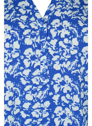 V-ringad blus med blommönster och långa ärmar, Blue White Flower, Packshot image number 2