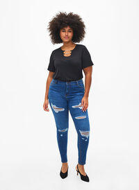 Slim fit-jeans med nötta detaljer, Blue Denim, Model
