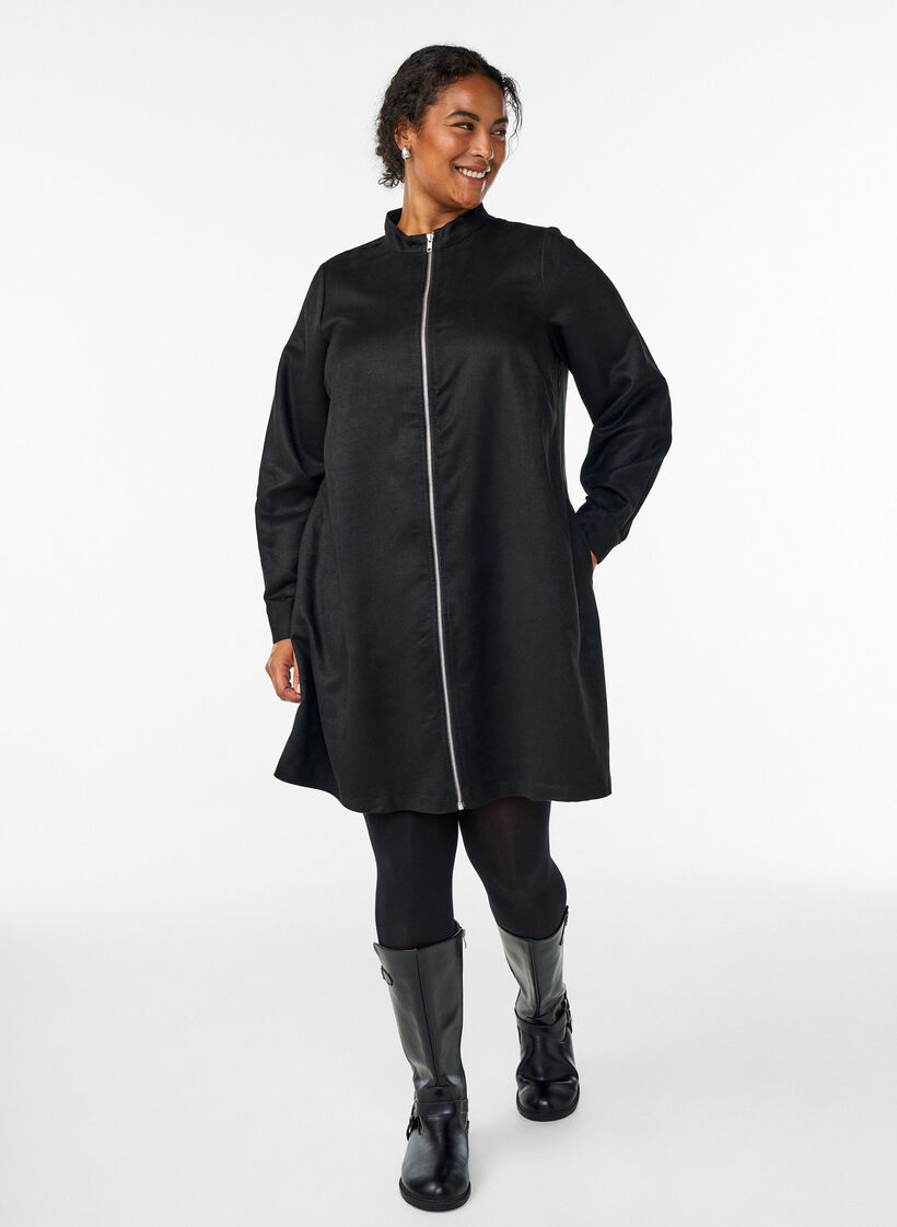 Lång skjorta i mockaimitation med dragkedja, Svart, Model image number 1