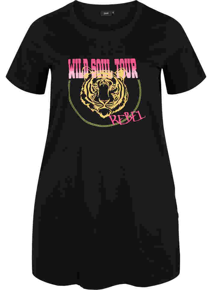 Lång t-shirt i bomull med korta ärmar, Black Tiger, Packshot image number 0