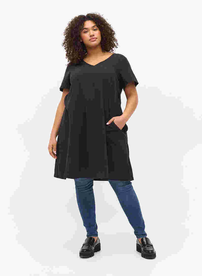 Kortärmad klänning i bomull, Black, Model image number 2