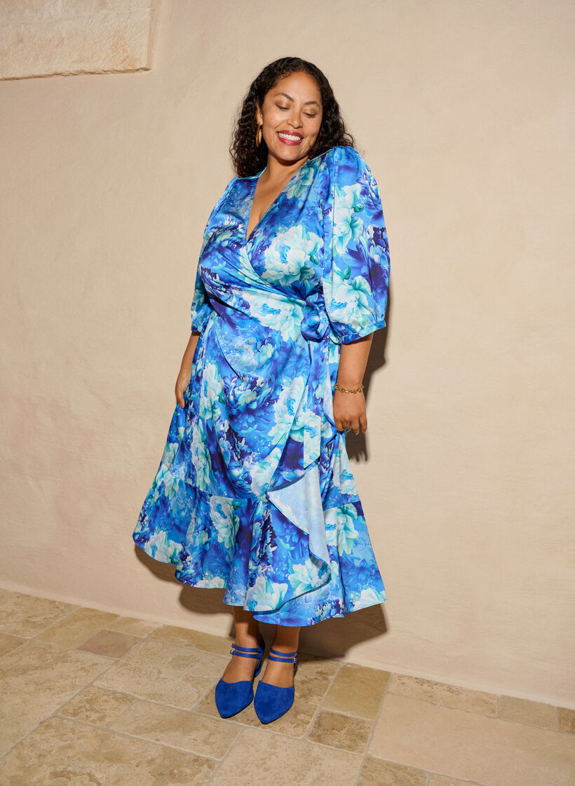 Omlottkl&auml;nning med blomm&ouml;nster och 3/4-&auml;rmar, Bl&aring;, Image image number 0