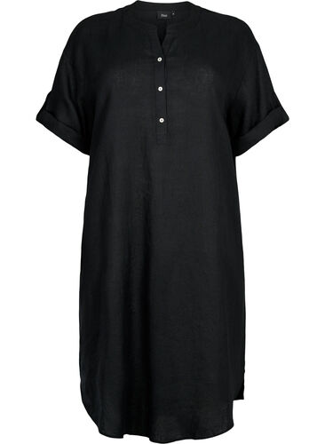 Klänning i linne med korta ärmar, Black, Packshot image number 0
