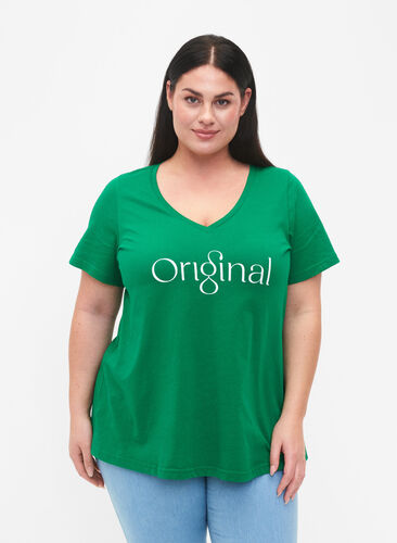 V-ringad t-shirt i bomull med texttryck, Jolly Green ORI, Model image number 0