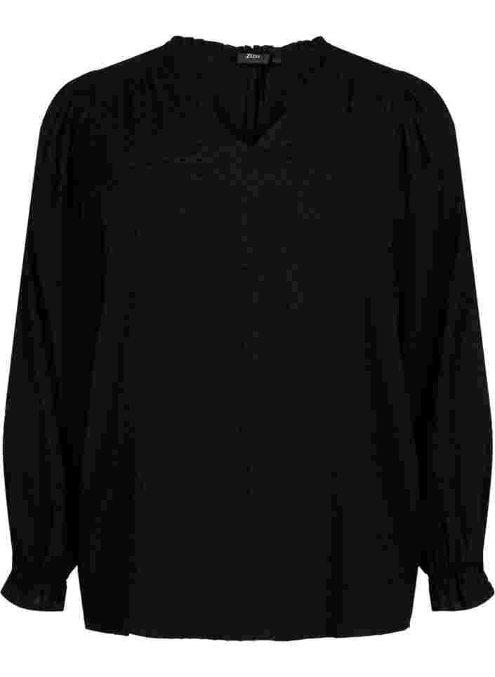 Långärmad blus med smock- och volangdetaljer, Black, Packshot image number 0