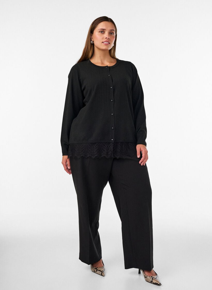 Cardigan med bred spetskant, Svart, Model image number 1