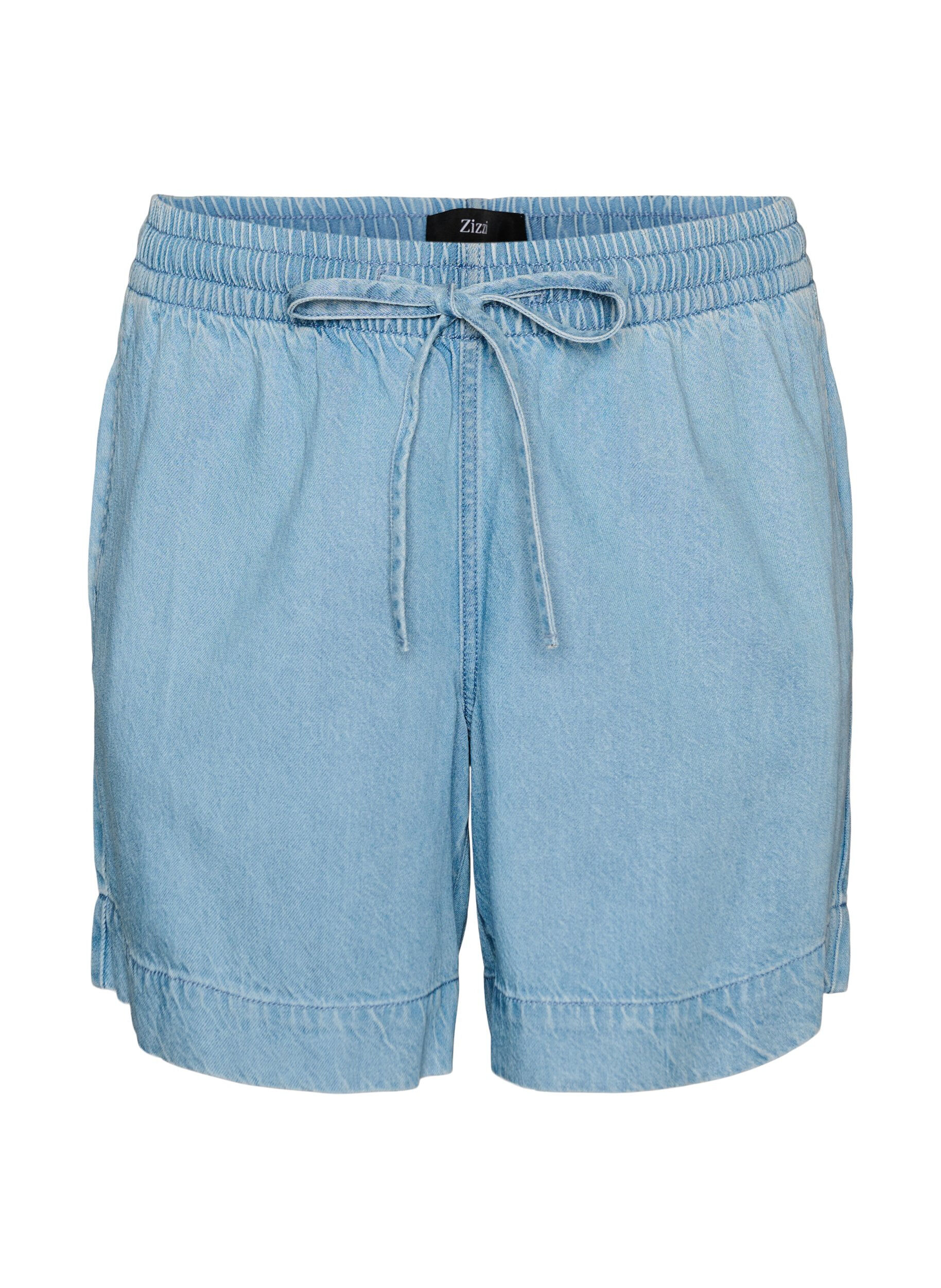 ZizziShorts i denimlook med res&aring;r i midjan och dragsko, Bl&aring;, Packshot image number 0