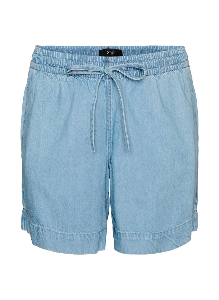 Shorts i denimlook med res&aring;r i midjan och dragsko, Bl&aring;, Packshot image number 0