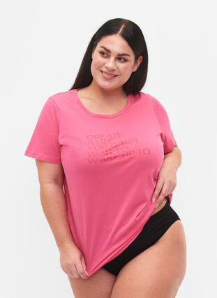 T-shirt i bomull med tryck och korta ärmar, Hot Pink Create, Model image number 0