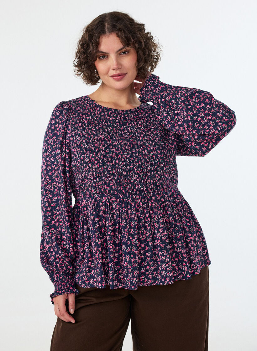 Blus med smock upptill och blommigt m&ouml;nster, Bl&aring;, Model image number 2