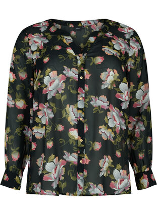 Skjorta med v-ringning och mönster, Black/Beige Flower, Packshot image number 0