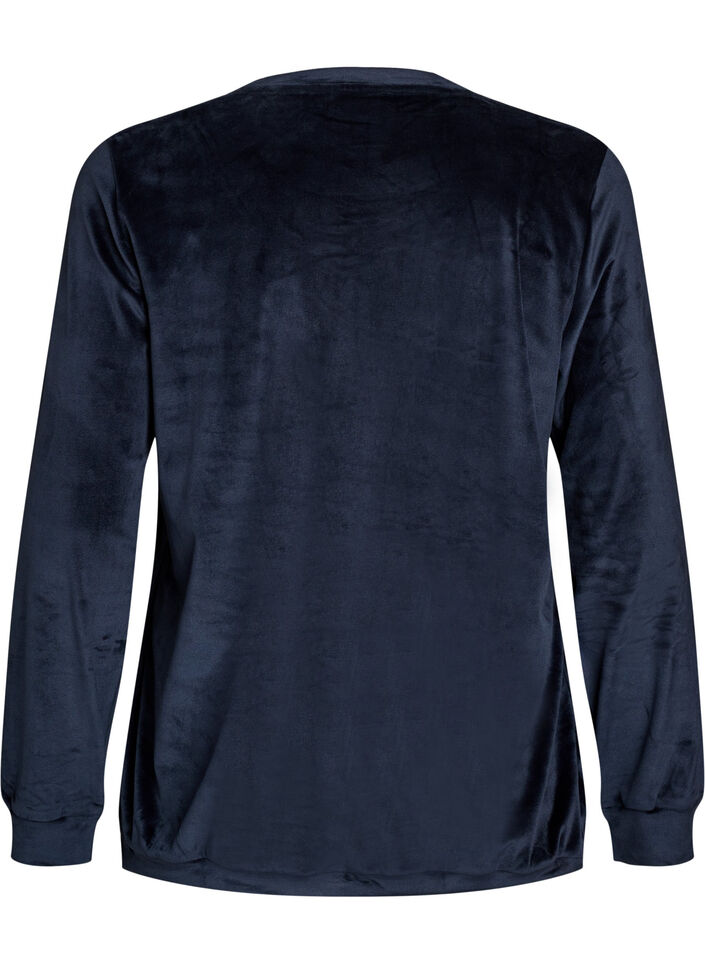 Blus i velour med broderad text, Bl&aring;, Packshot image number 1