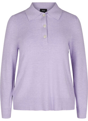 Stickad tröja med krage och dekorativa knappar, Purple Rose Mel., Packshot image number 0