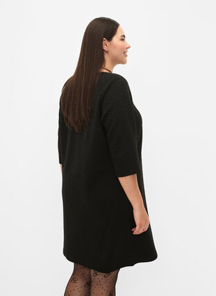 Klänning med textur och trekvartsärmar, Black, Model image number 1