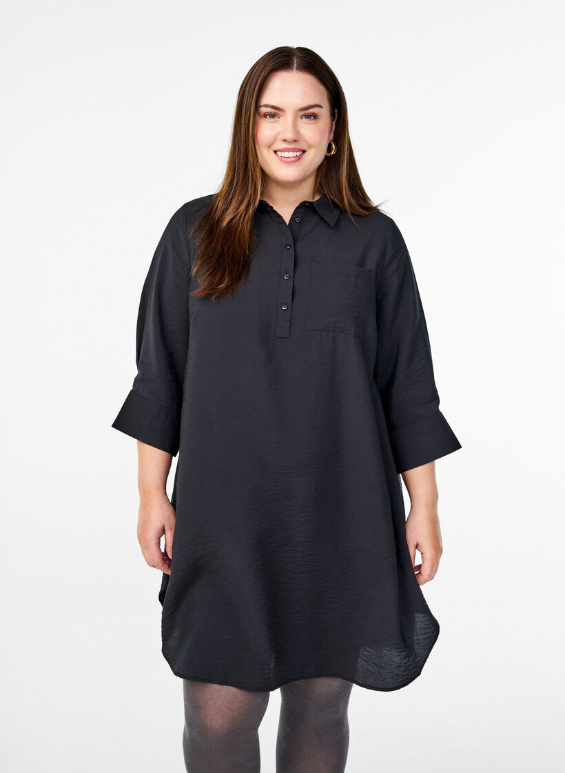 Kort kl&auml;nning med krage och br&ouml;stficka, Svart, Model image number 0
