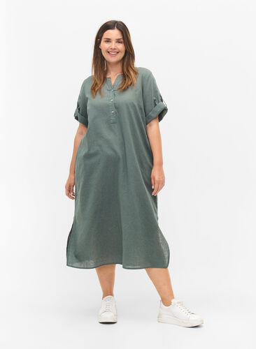 Lång skjortklänning med korta ärmar, Balsam Green, Model image number 2