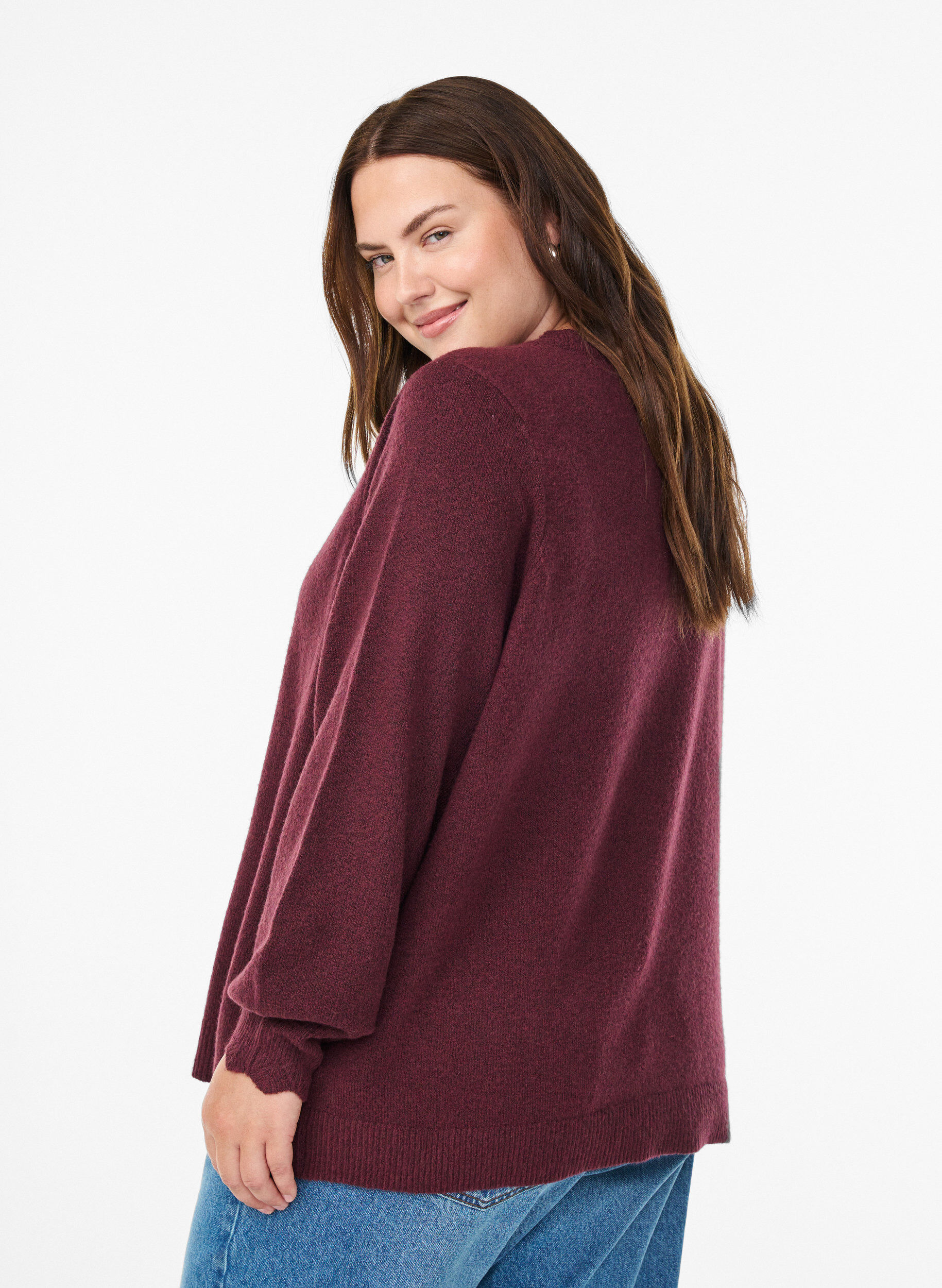 Zizzi Stickad blus med v&aring;giga kanter, M&ouml;rk Bordeaux, Model image number 2
