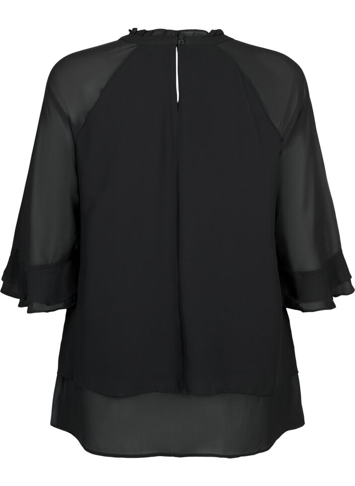 Blus med asymmetrisk fåll och 3/4-ärmar, Black, Packshot image number 1