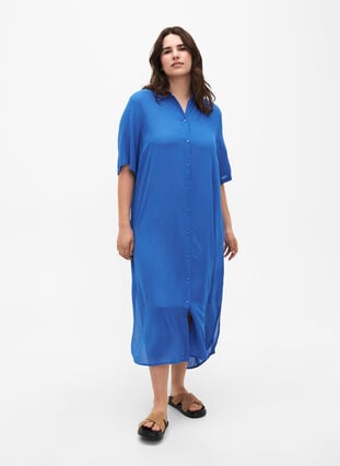 Skjortklänning i viskos med korta ärmar, Victoria blue, Model image number 0