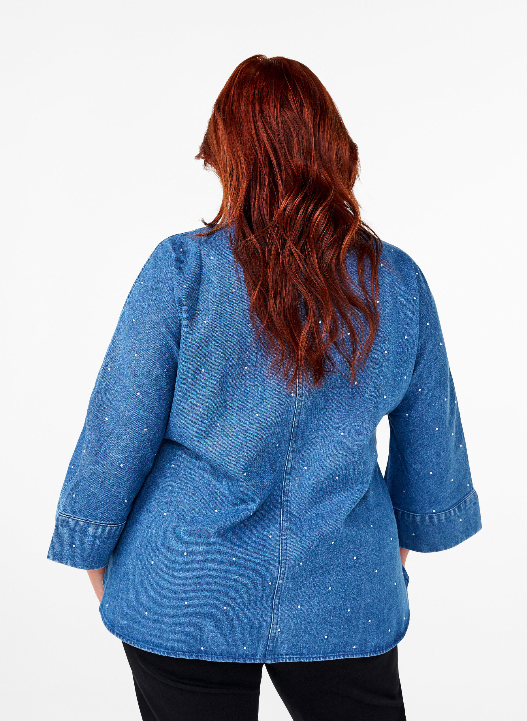 Zizzi Denimskjorta med strass och trekvarts&auml;rmar, Bl. Denim Rhinestone, Model image number 1
