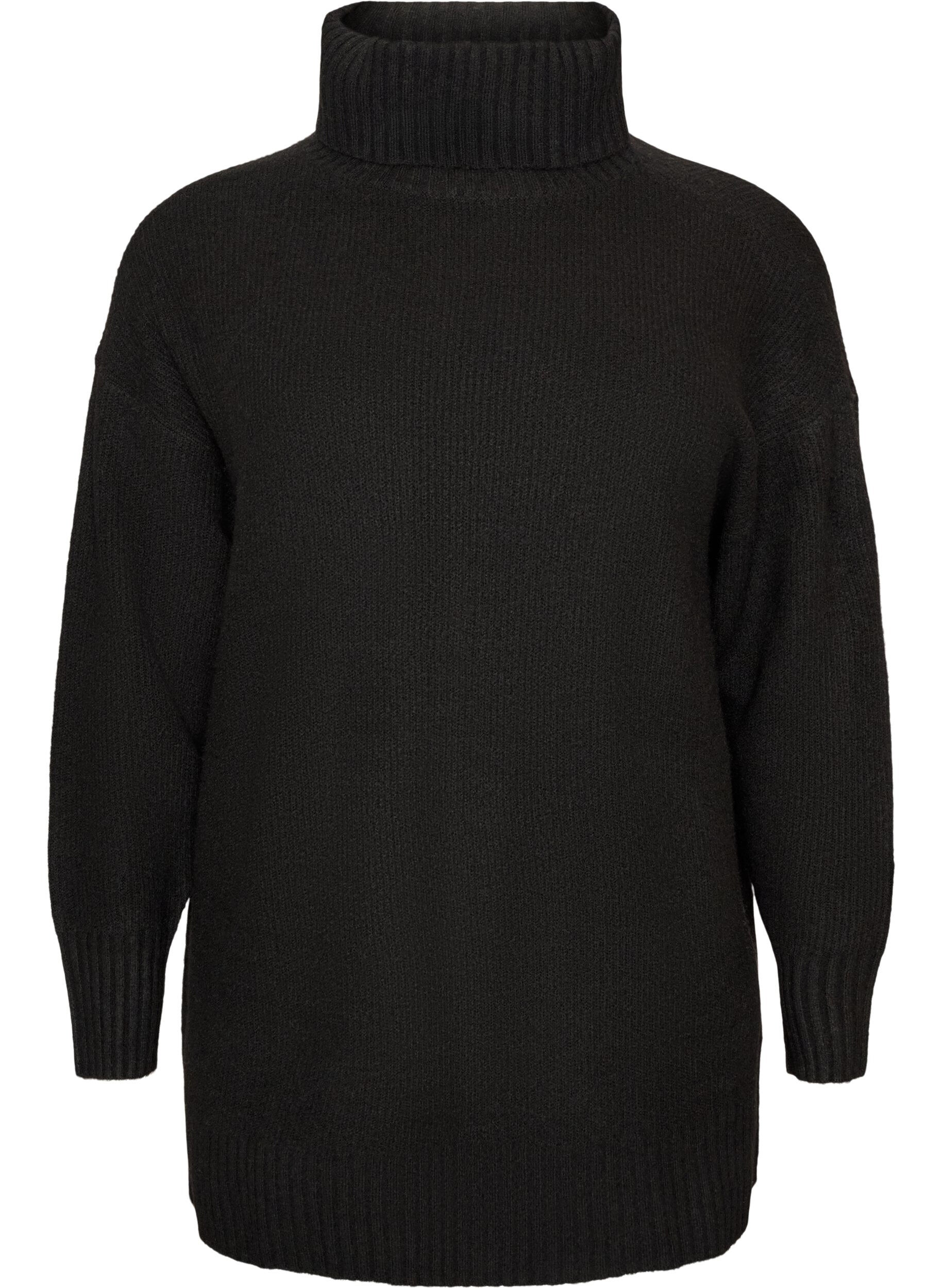 ZizziL&ouml;st stickad tr&ouml;ja med polokrage, Svart, Packshot image number 0