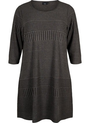 Klänning med trekvartsärm och randigt mönster, Dark Grey Mélange, Packshot image number 0
