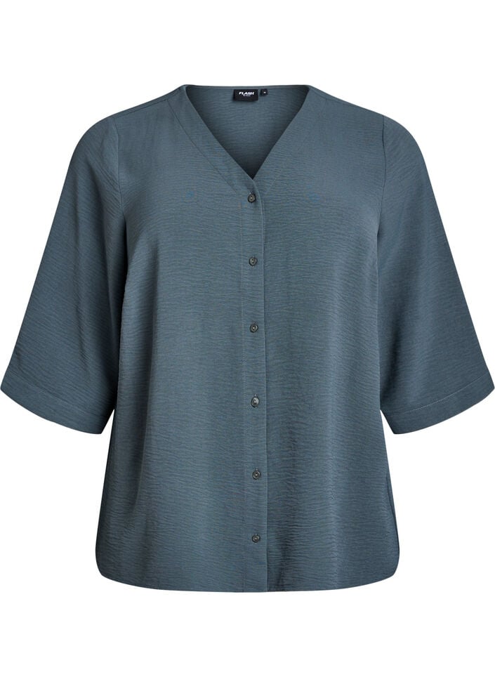 Skjortblus med v-ringning och 3/4-&auml;rm, Gr&ouml;n, Packshot image number 0