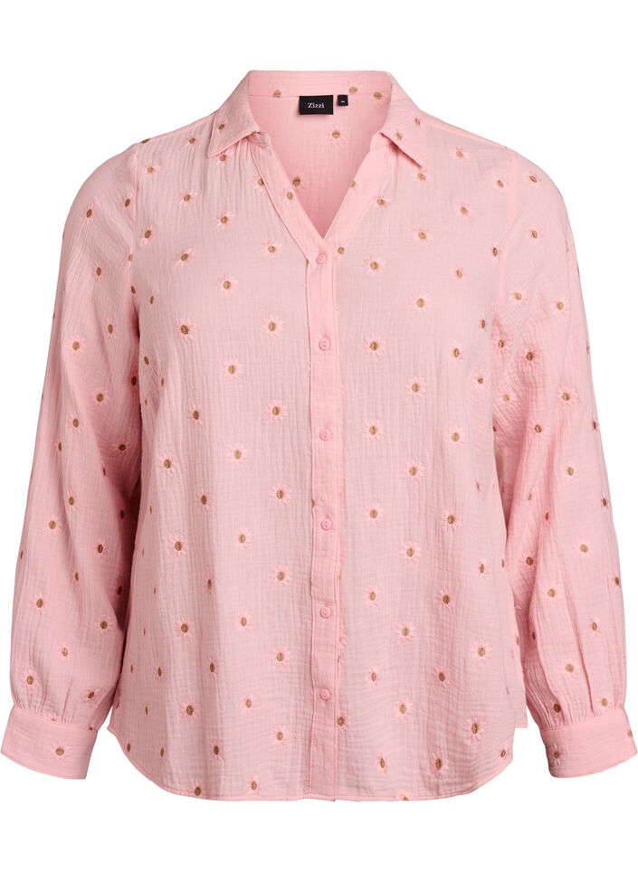 L&aring;ng&auml;rmad blus i bomullsmuslin med broderade motiv, Rosa, Packshot image number 0