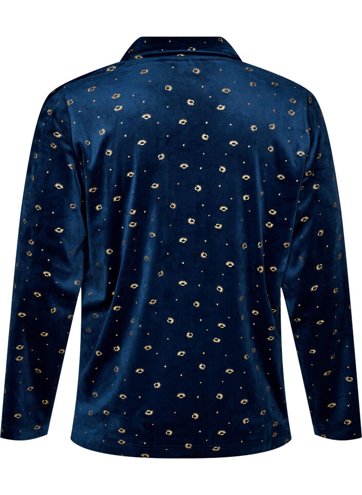 Pyjamasskjorta i velour med helt&auml;ckande m&ouml;nster, Bl&aring;, Packshot image number 1
