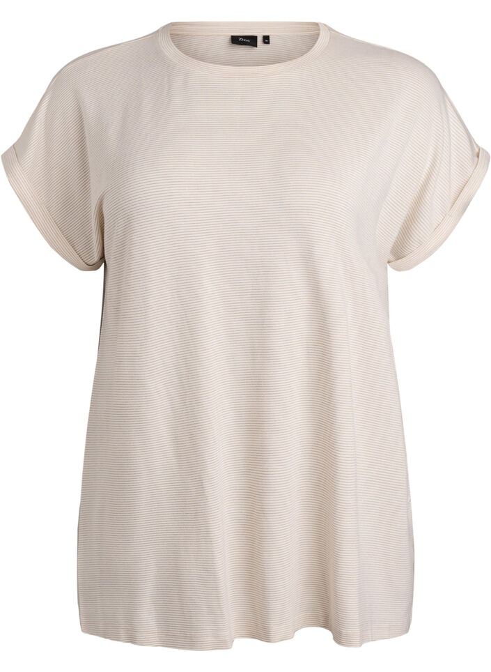 T-shirt i viskos med glitterr&auml;nder, Vanilla, Packshot image number 0