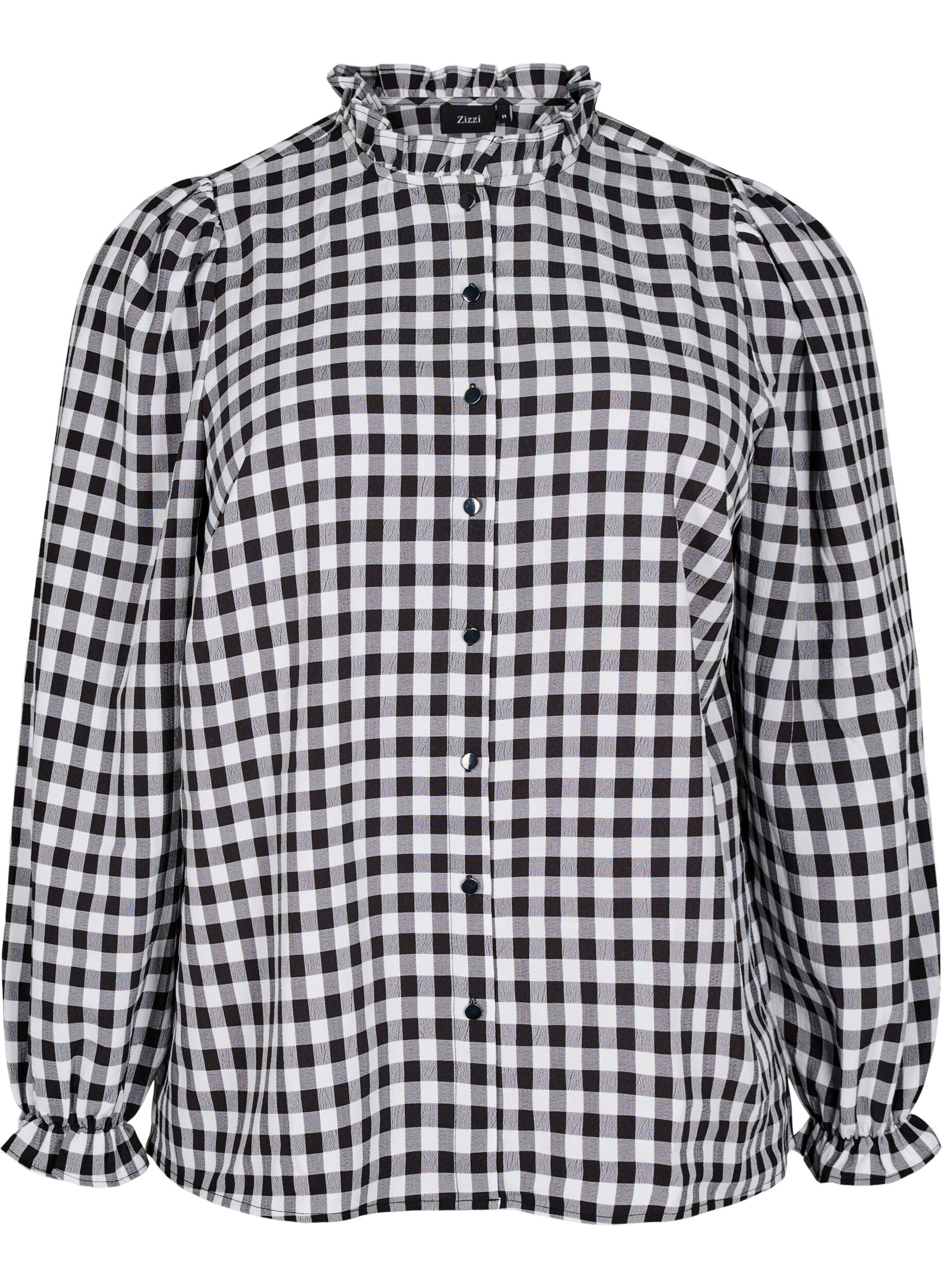 Zizzi Rutig skjortblus med volangdetaljer, Black/W. Gingham, Packshot image number 0