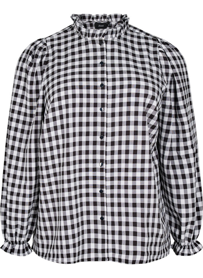 Rutig skjortblus med volangdetaljer, Black/W. Gingham, Packshot image number 0