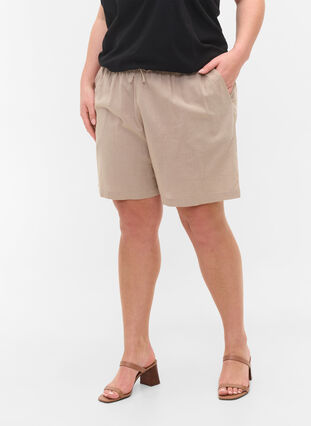 Lösa shorts i bomullsblandning med linne, Simply Taupe, Model image number 2