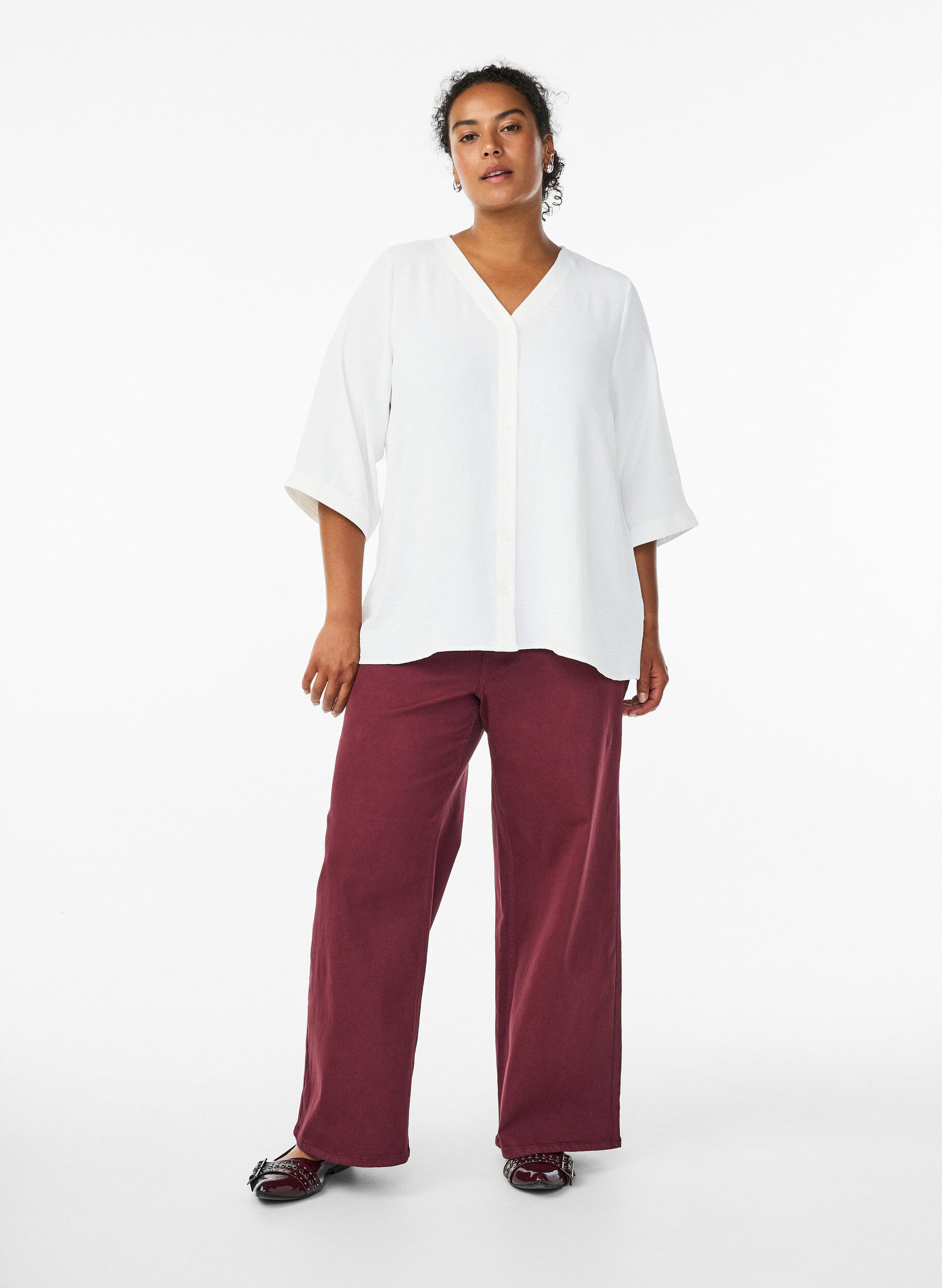 ZizziSkjortblus med v-ringning och 3/4-&auml;rm, Vanilla, Model image number 1