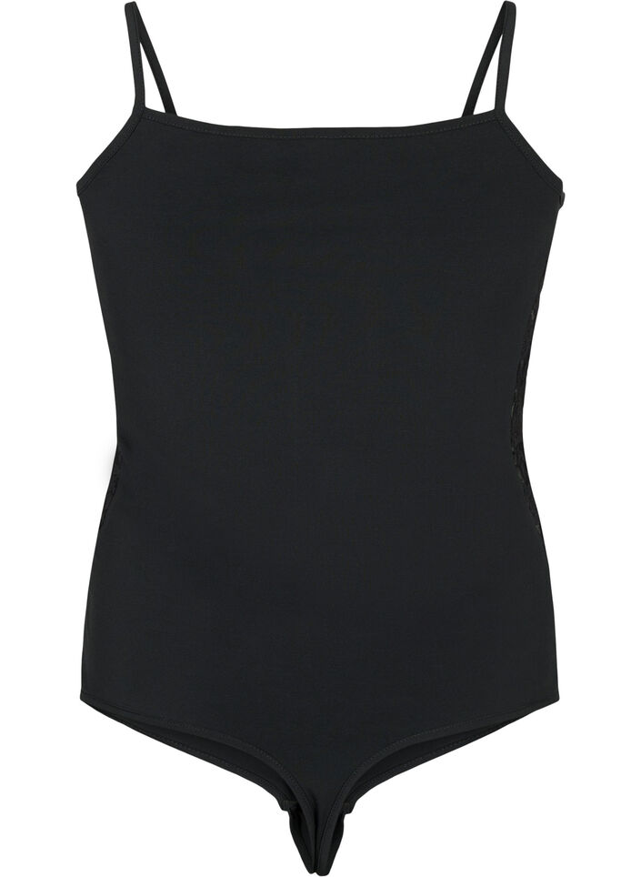 Kroppsstrumpa med spets och smala band, Black, Packshot image number 1