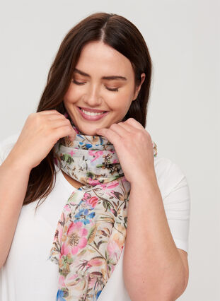 Mönstrad scarf med franskant, Light Flower AOP, Model image number 0