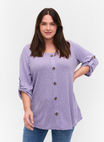 Blus med knappar och 3/4-ärmar, Purple Melange, Model image number 0