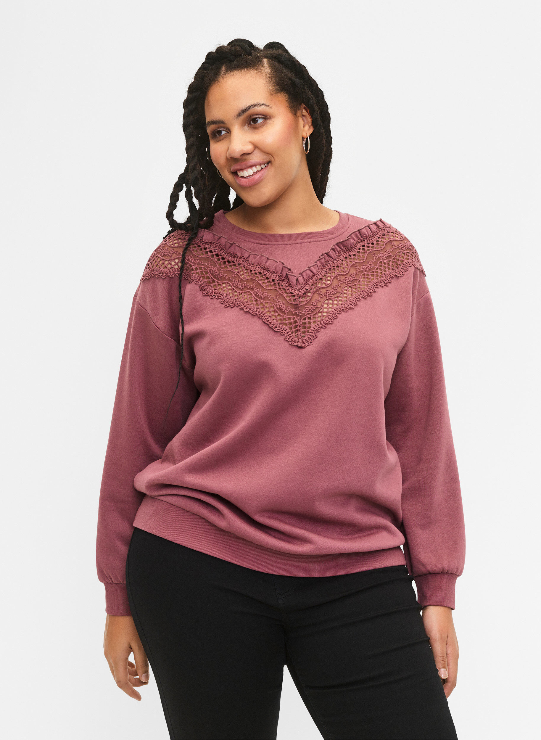 Zizzi Sweatshirt med volang och virkad detalj, Rose Brown, Model image number 0
