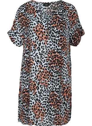 Kortärmad klänning i viskos med färgat leopardprint, Blue Leo AOP, Packshot image number 0